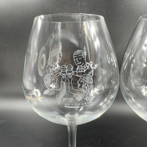 Robert Neubecker Flemings Signature Clear Wine Glasses Cup Etched Barware Set 2 - Picture 4 of 12